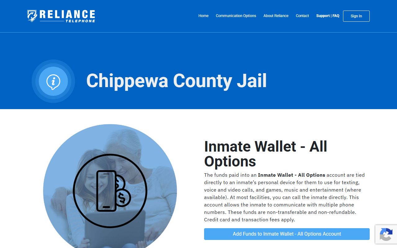Chippewa County Jail phone and inmate wallet service page