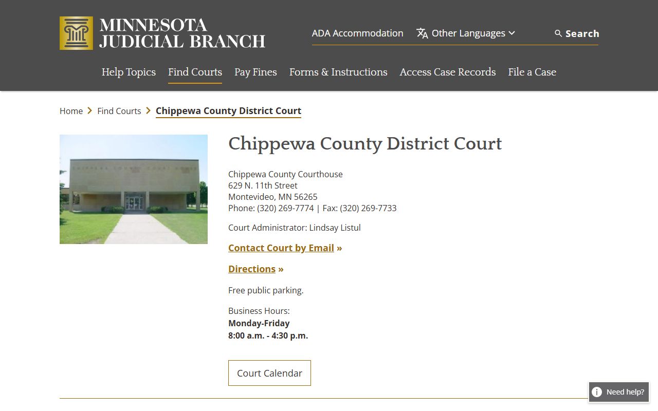 Chippewa County District Court contact page for court records after arrest